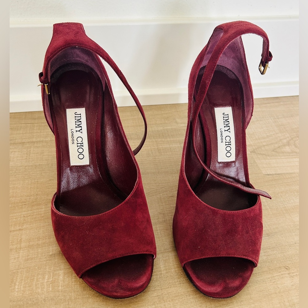 Jimmy Choo burgundy velvet heals in excellent condition